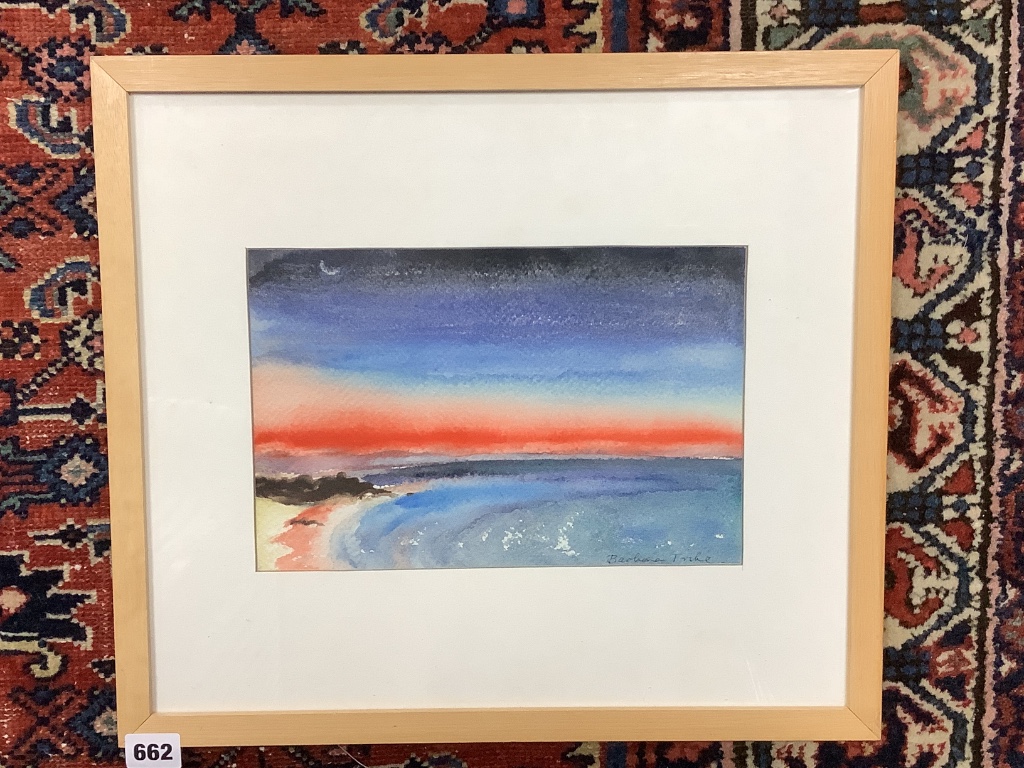 Barbara Tribe (1913-2000), watercolour, New moon at sunset, Forster Beach, New South Wales, signed with label verso, 18 x 28cm